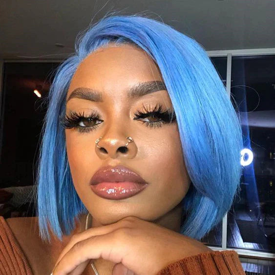 13x6 Light Blue Straight Bob Wig Short Wig Sky Blue Lace Frontal Human Hair Wig